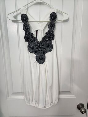 NEW! Candy Rain White Tank with Black Beaded Embellished Neckline, Size XL